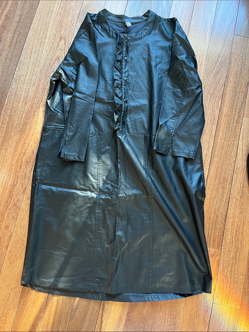 Button-Front Black Faux Leather Midi Dress